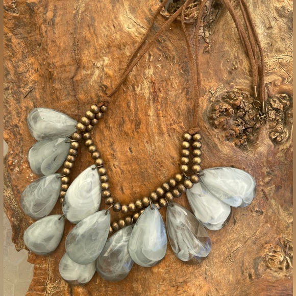 Statement necklace large teardrop teal beads brass color beads leather strap - Picture 1 of 8